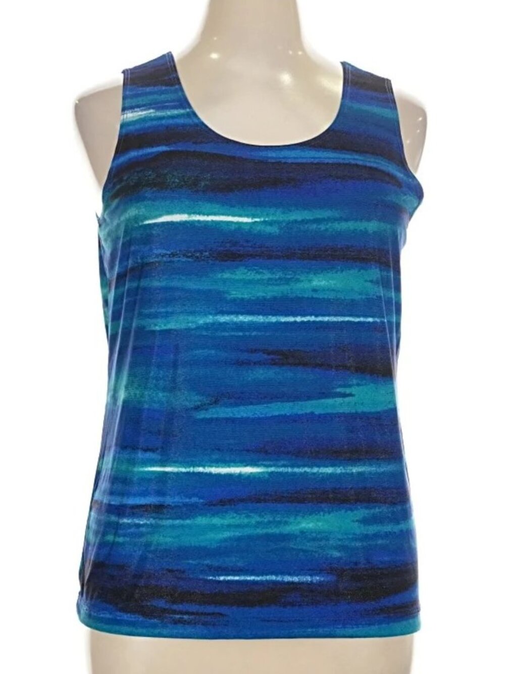 Chicos Travelers Sz 2 L Watercolors Blue Shimmer Tank Polyester Sleeveless USA